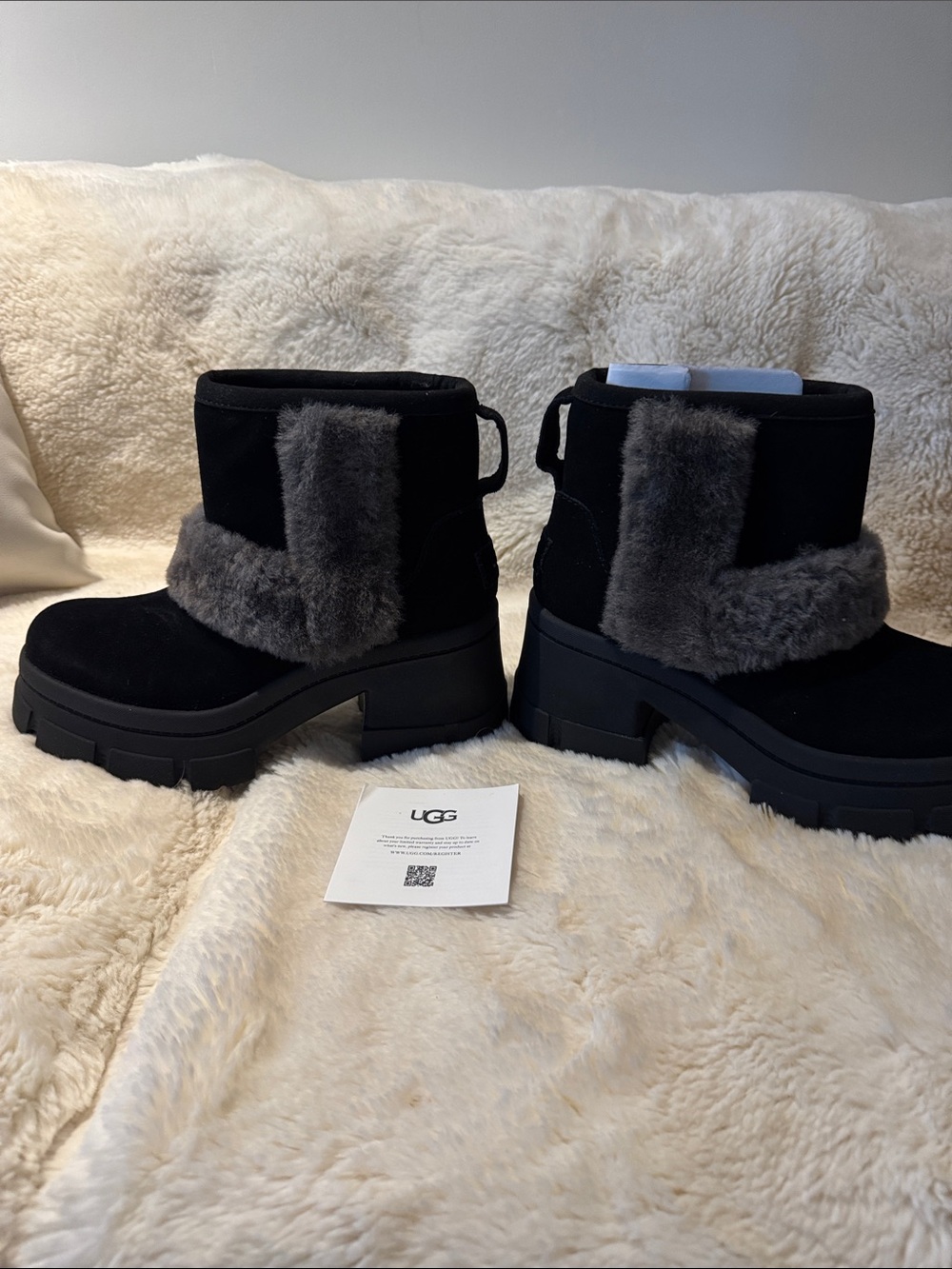 UGG Black Suede Ankle Boots with Gray Shearling Trim
